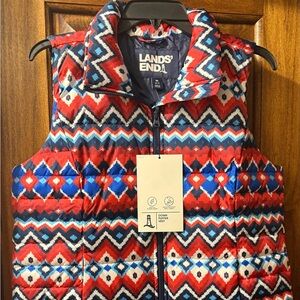 Lands' End Down Puffer Vest Jacket Southwest Aztec Print Red Blue Medium NWT